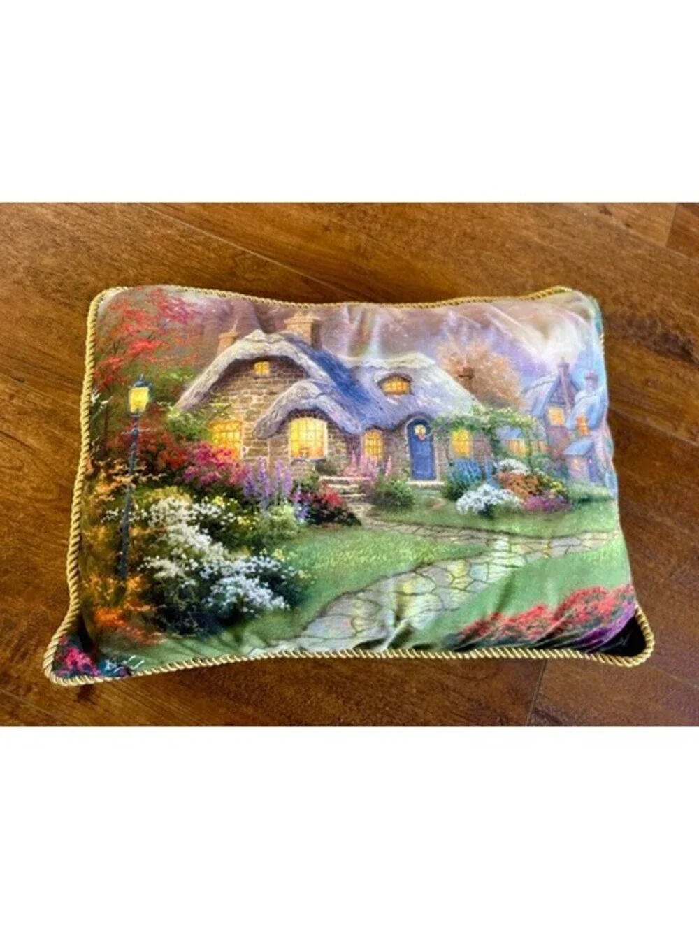 Thomas Kinkade Throw Pillow with Cottage Landscape Print and Green Backing